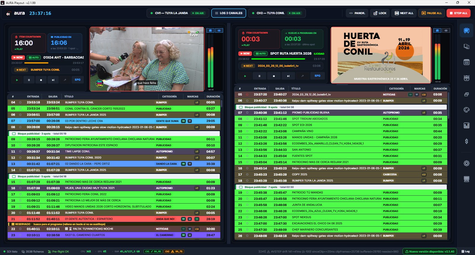 AURA Playout emitiendo dos canales de televisión simultáneos