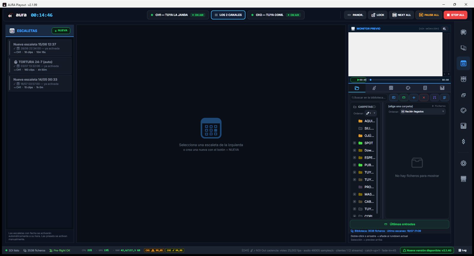 Editor de escaletas de AURA con biblioteca y previo